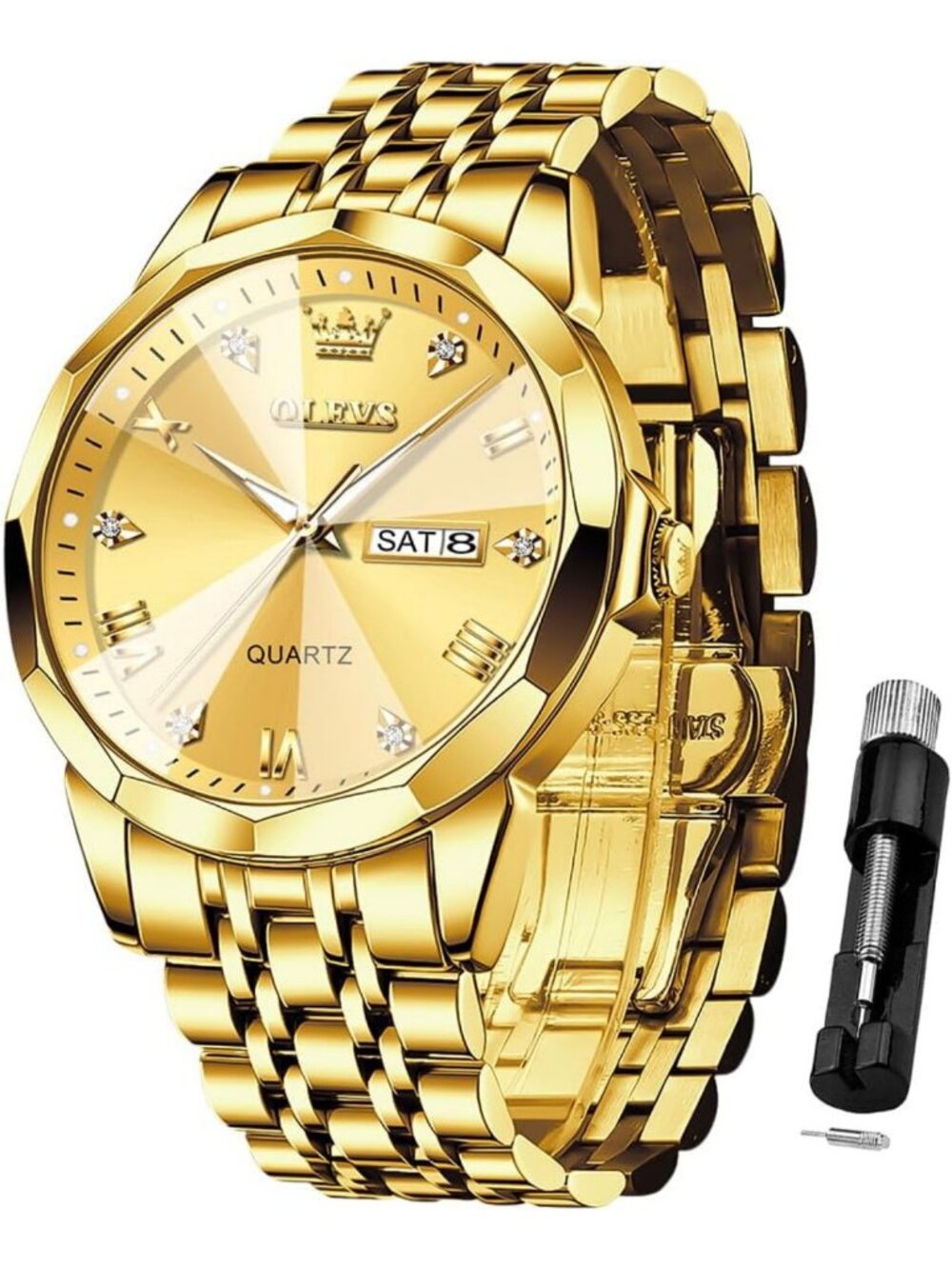 Luxury Men's Diamond Watch - Waterproof Analog Quartz, Luminous Date, Two-Tone